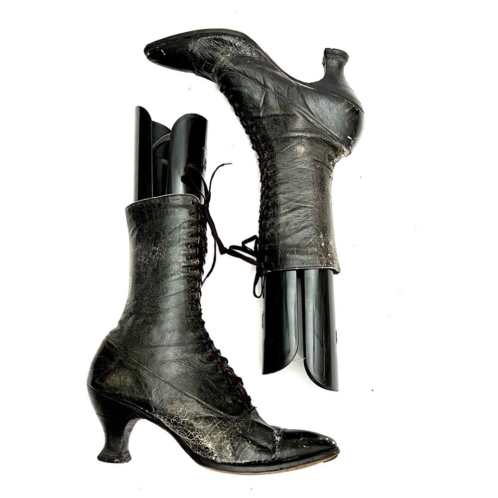 Antique 1910s vintage Edwardian black leather lace up French heel granny boots - Picture 2 of 9